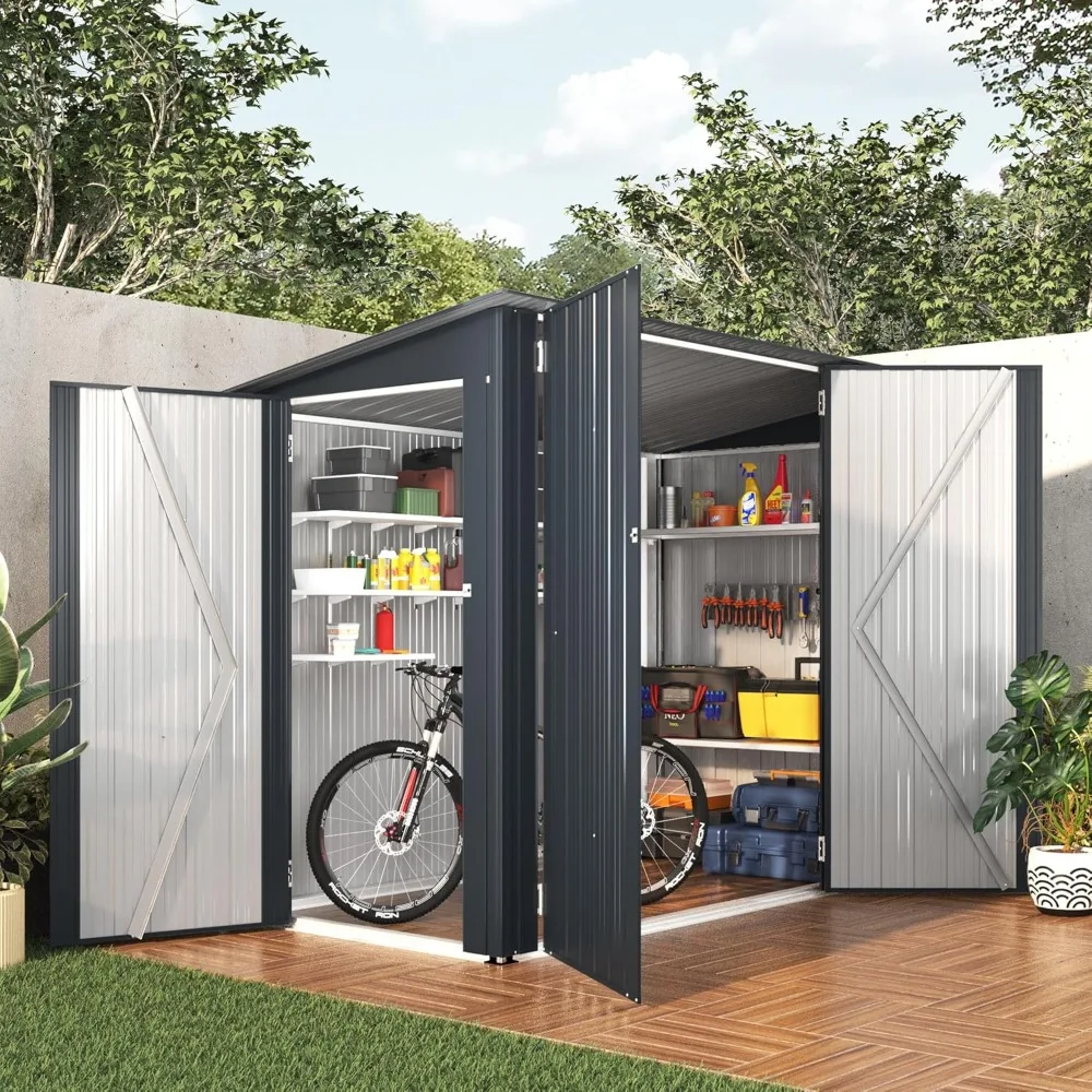 Cobertizo para almacenamiento de bicicletas al aire libre, cobertizo horizontal para exteriores de 4' x 7,5' y almacenamiento al aire libre con puerta triple bloqueable