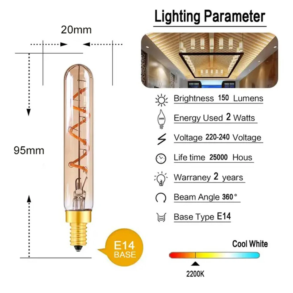 10pcs Led Lights T20/T6 Tubular Vintage Pendant Bulb Dimmable E14 220V 3W Edison Ampoules Indoor Amber 2200K Decoration Light