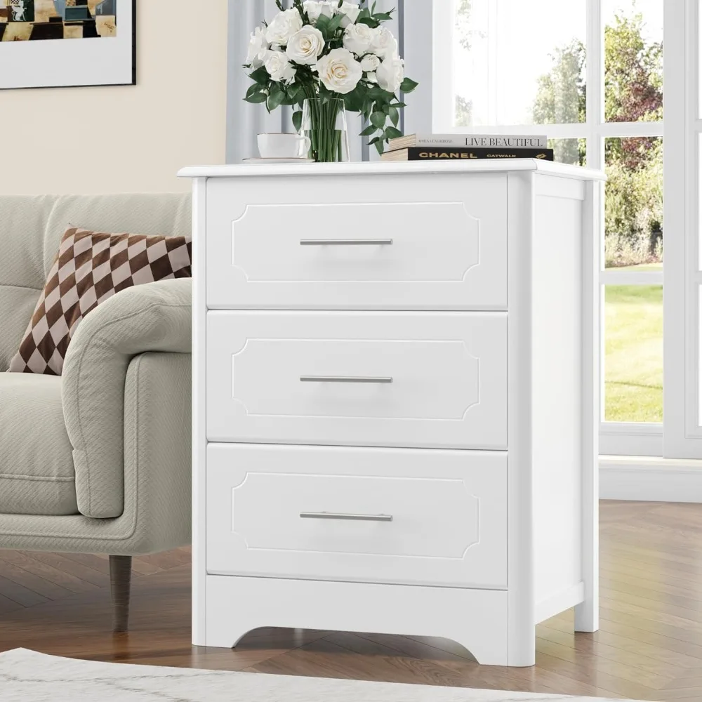 Drawer bedroom modern white dressing table, high bedside table with 3 deep drawers, living room side table, hallway, home office