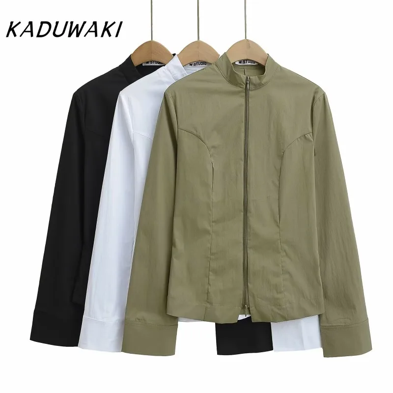 

KADUWAKI Retro Green Slim Cargo Jackets Women Button Up Stand Collar Long Sleeve Autumn Korean Fashion Outwear Camisas De Mujer