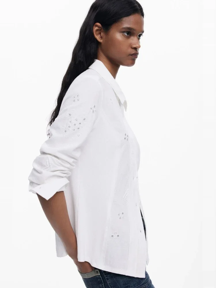 Foreign trade original embroidered square neck white long sleeved women's casual shirt, lightweight and breathable shirt