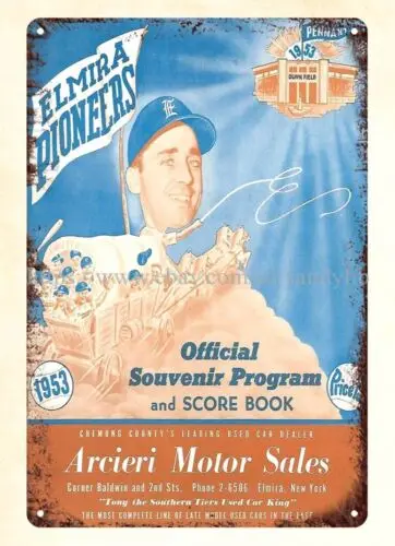 1953 baseball Elmira Pioneers-Barons Program Eastern League metal tin sign man