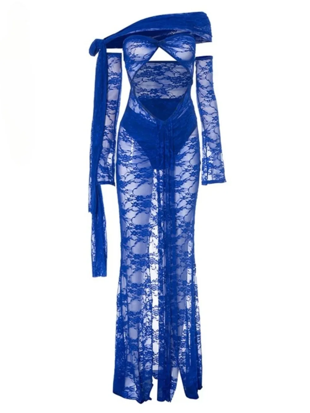 See Through Lace Mesh Black Sexy Dress 2025 Summer Beach Cutout Split Long Sleeve Dresses