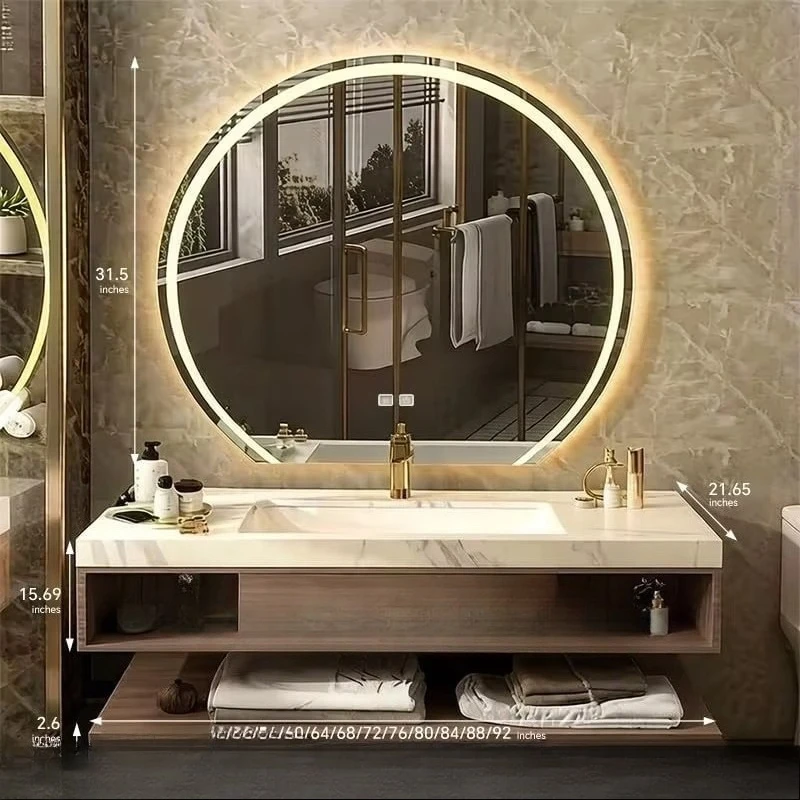&c Modern rural style wall-mounted LED lighting mirror bathtub countertop cabinet body, wooden countertop, single sink, ceramic