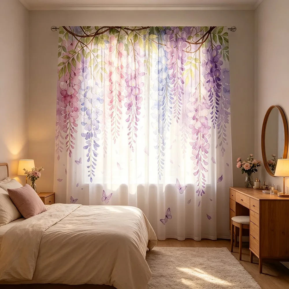 1PC Sheer Curtain Wisteria Purple Pink Hanging Flower Print, Rod Pocket Window Curtain for Living Room Romantic Decor