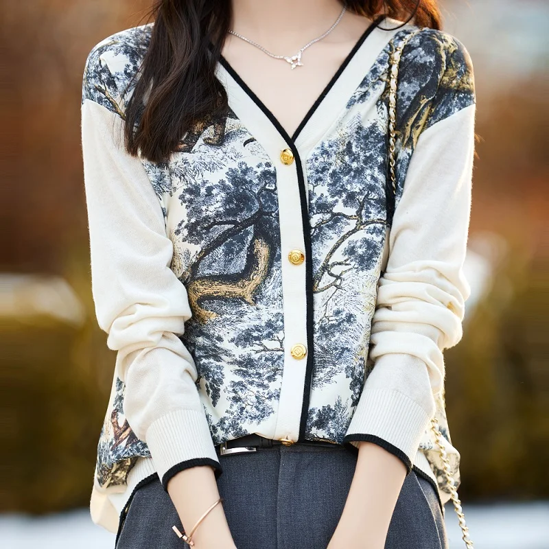 Spring Autumn Women 100% Wool Silk Stitching Sweater New V-neck Printing Cardigan Casual Knitted Soft Jacket Slim Warm Tops