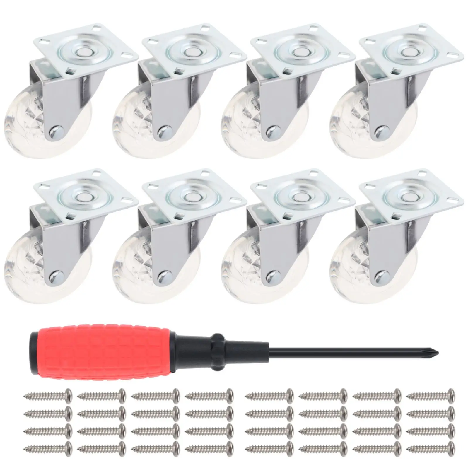 8pcs 3 Inch PU Crystal Caster Wheels for Carts / Dressers / Cabinet with 32pcs 304 Stainless Steel Screws, Screwdriver Tool