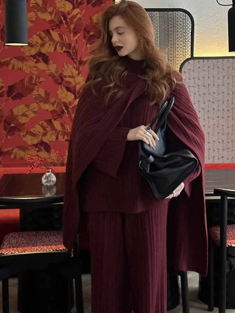 BKQU Elegant Street Knitted Women 3 Piece Sets Casual O Neck Sweater with Scarf & Elastic Waist Wide Leg Pants Warm Lady Suits