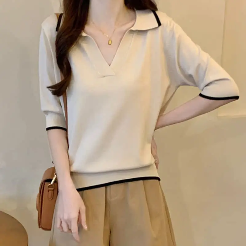 الكورية Sle فضفاض التخسيس Ne ort Sve تي شيرت محبوك المرأة الصيف جديد كبير الحجم تنوعا تنفس V-Ne