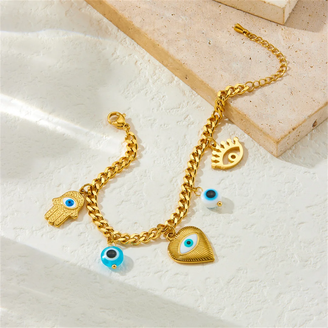 Vintage Heart Evil Eye Hand of Fatima Charm Bracelet Female Gold Color Stainless Steel Cuban Chain Bracelet for Women Jewelry