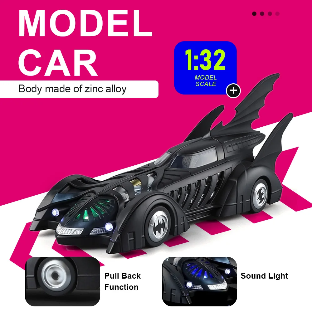 

1:32 Scale Batmobile Sports Cars Toy Models Metal Diecast Sound Light Pull Back Shock Absorption Supercar Toys for Kids Gifts