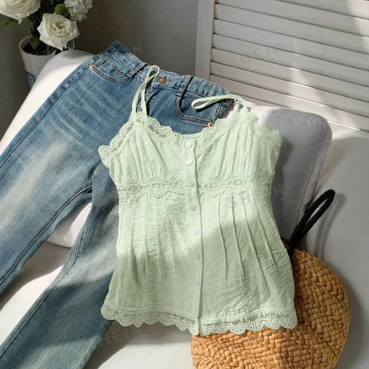 Women Summer Camisole Floral Print Lace Trim Tank Top Spaghetti Strap Cropped Vest White Ruched Bodice Mint Green Camisole