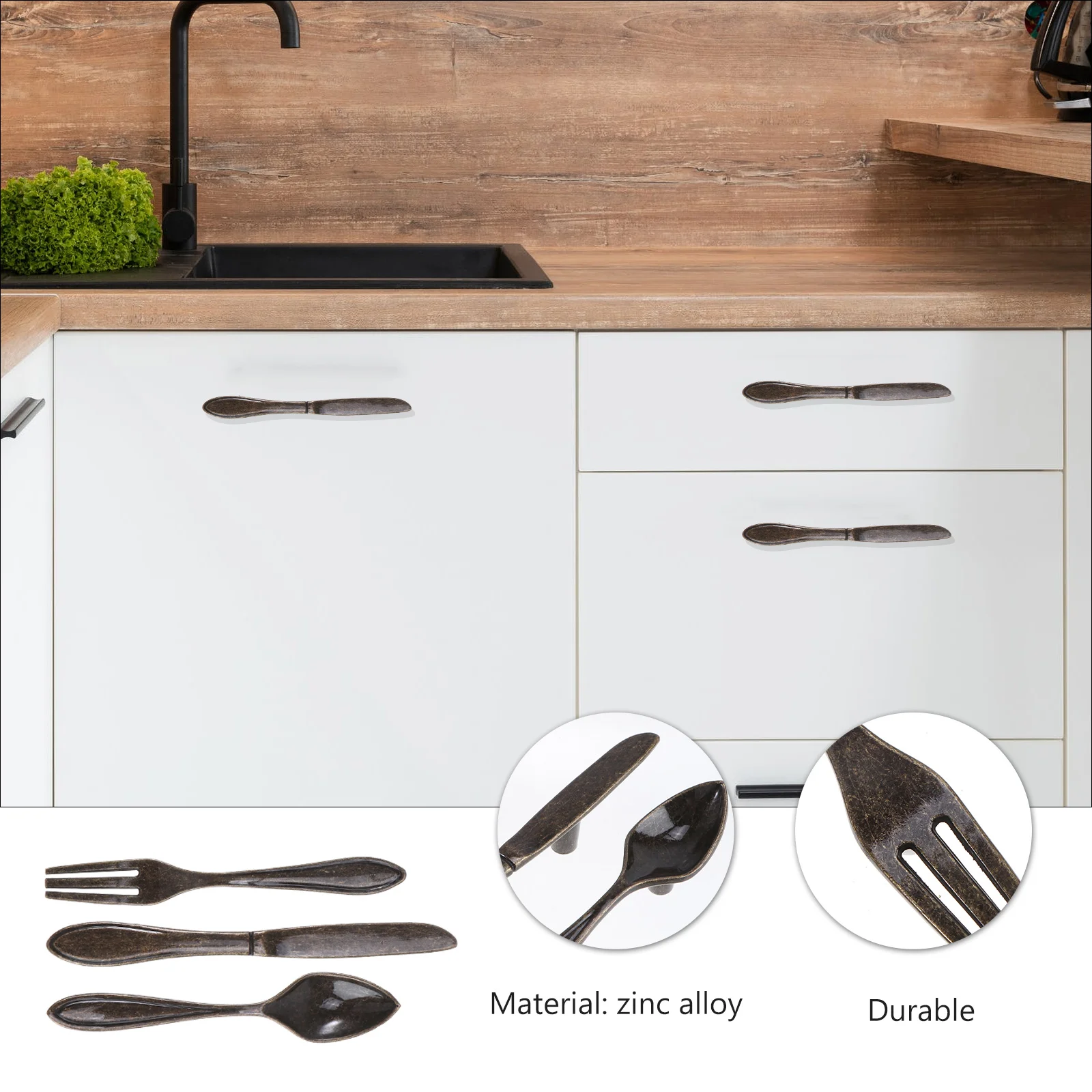 

3pcs Fork Spoon H Copper Cabinet Knobs Pulls Zinc Alloy Drawer Wardrobe Dresser Hardware Retro Kitchen Furniture