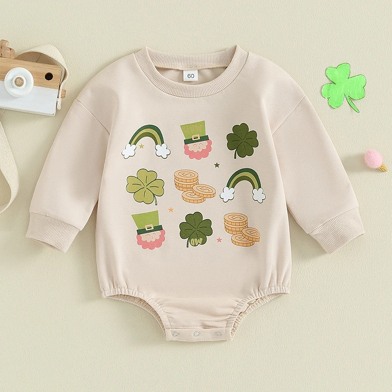 

0-18M Newborn Infant Baby Girl Irish Festivals Sweatshirt Jumpsuit Shamrock Rainbow Print Long Sleeve Romper Toddler Clothing