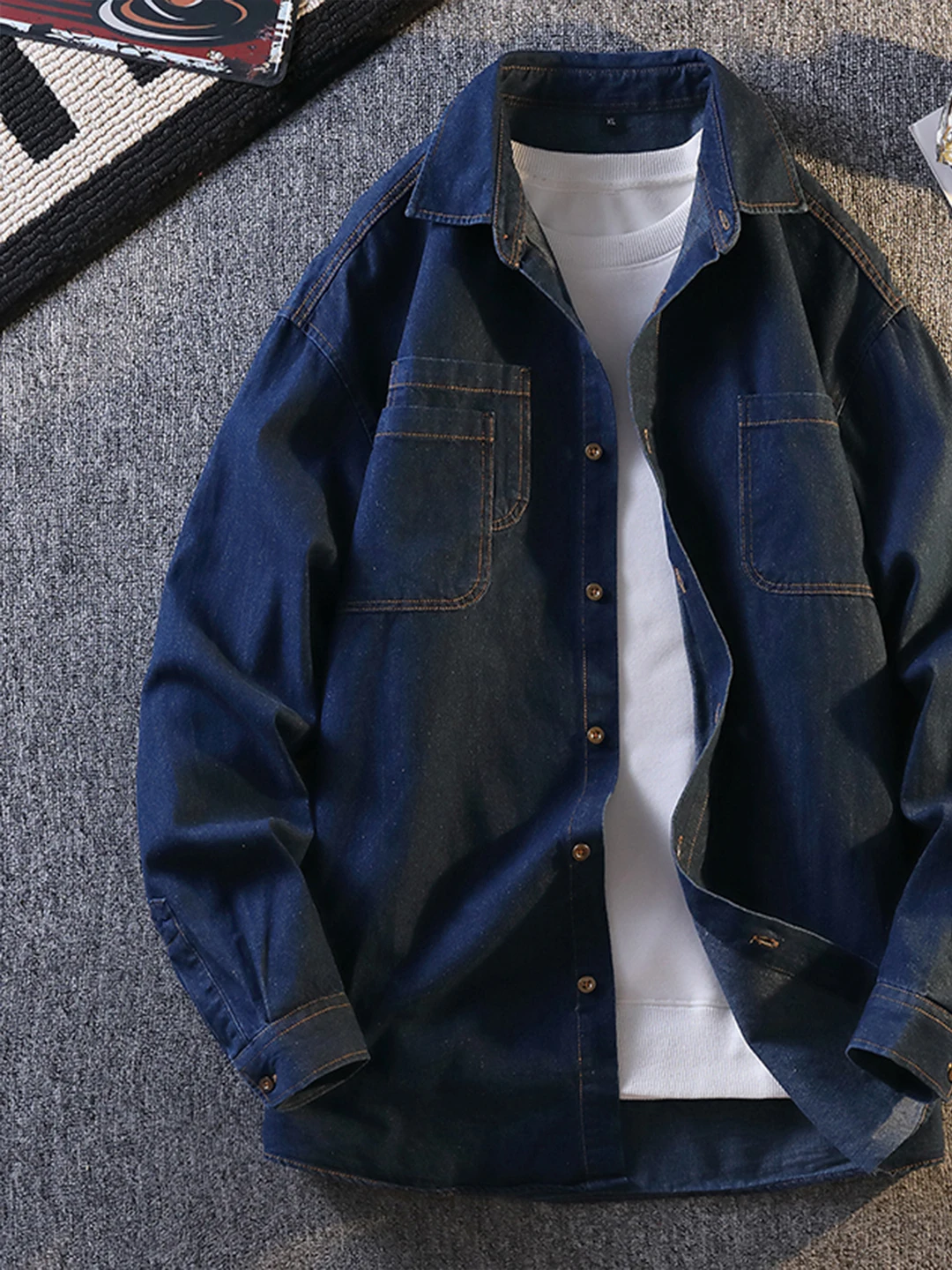 

Deep Blue Vintage Waed Denim irt Men's Long Sve Collared Workwear Jaet Spring Autumn Layering Top Youth Faion