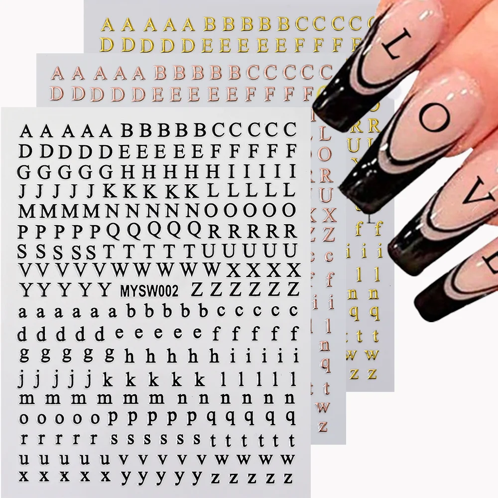 3Pcs/set 3D 26 Roman Letters Nail Stickers Black Rose Gold,Gold English Alphabet Nail Decals Uppercase Lower Case Letter Sliders