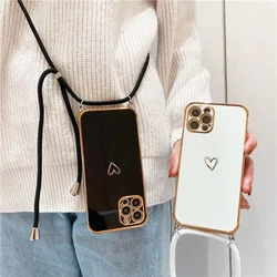 Luxury Crossbody Necklace Lanyard Plating Love Heart Soft Case For iPhone 15 14 Pro Max 13 12 11  X XS XR Cover
