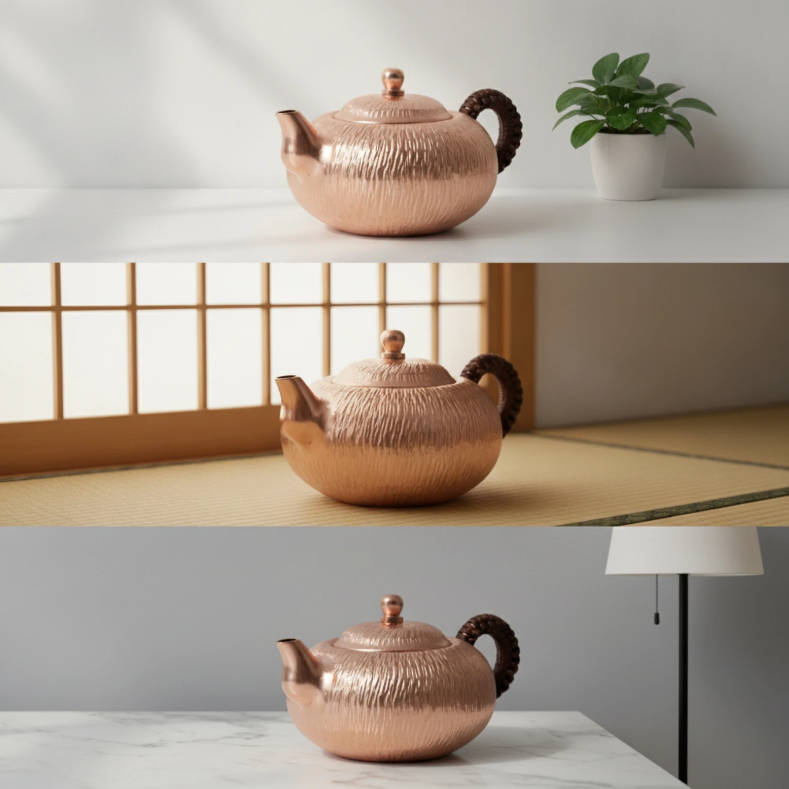 Copper Teapot Ribbed Tea Maker Pot Rustic Vessel Decorative for Collectors, Tabletop