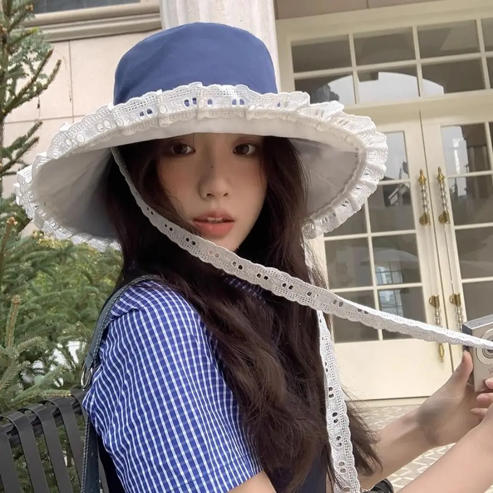 

Fashion Sweet Cowboy Fisherman Hat Big Brim French Style Lace Ribbon Hat Beach Foldable Women's Sun Hat Travel