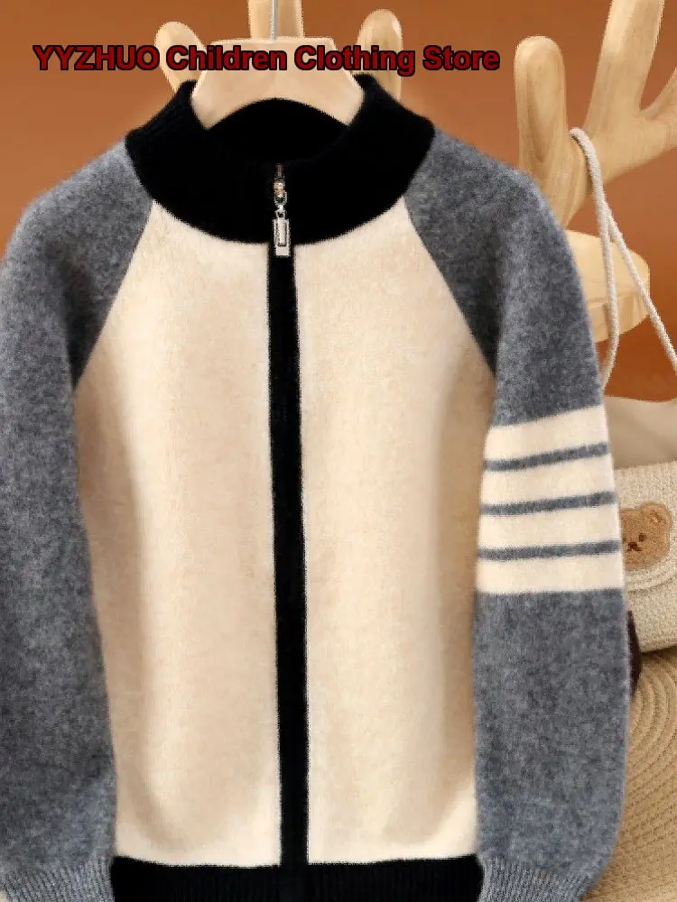 Kids Cashmere Knit Cardigan Boys Girls Autumn Winter Zip Up Jacket Thickened Warm