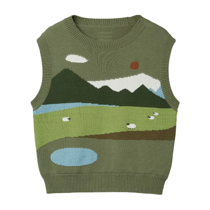 Green Landscape Painting Cute Harajuku Aesthetics Vintage Elegant Knitted Tank Top Korean Version Casual Loose Women\'s Sweater