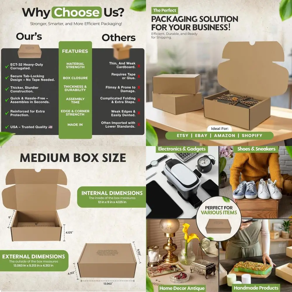 

Medium 12x9x4.125 Heavy-Duty Cardboard Shoe Boxes - Self-Locking Lid, Ideal for Shipping, Storage, and Gift Packaging