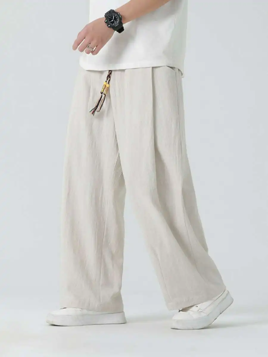 

Spring Summer Men's Wide Leg Casual Pants Loose Cotton Linen Long Straight Tube New Sle Trousers High Waist Regular Denim