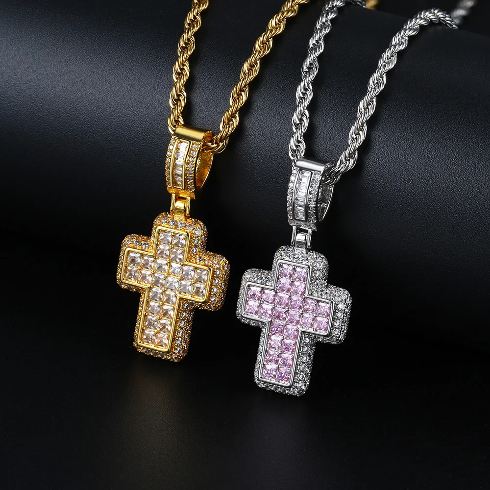 Iced Out Pendant Cross Necklace AAA+ Cubic Zirconia Black Gold Color Stainless Steel Rope Chain Hip Hop Men Jewelry Gift OHP155