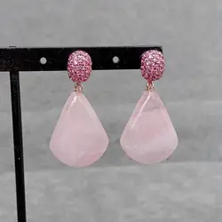 KKGEM 20x25mm Fuchsia Cz Pave Natural Rose Quartz Fan shape Drop Stud Earrings Gemstone Stud Earrings