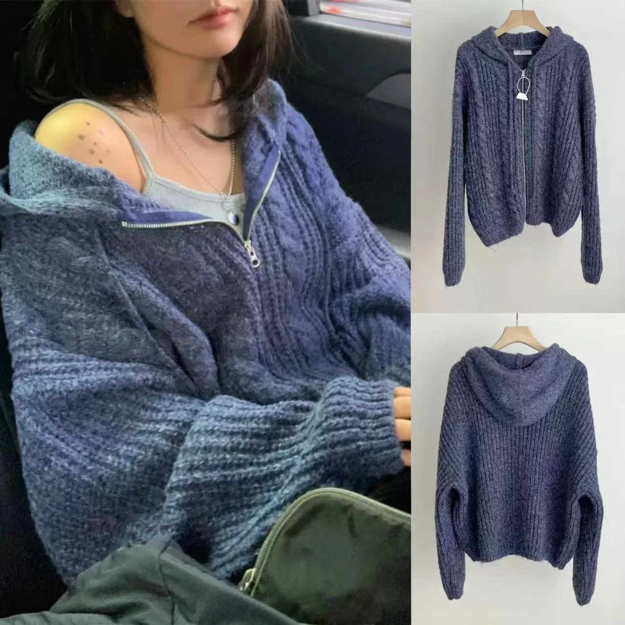

Ленивый мягкий уютный вязаный свитер на молнии, верхняя одежда, свободный крой с крыльями летучей мыши, осень-зима, женская модная повседневная длинная толстовка с капюшоном све