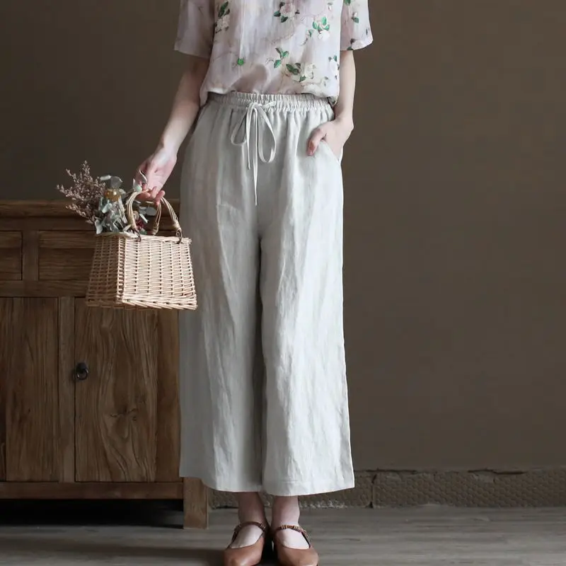

Summer Pants for Women Cotton Linen Large Size Wide Leg Pants Femme Arts Style Elastic Waist Solid Casual Loose Pantalon A335