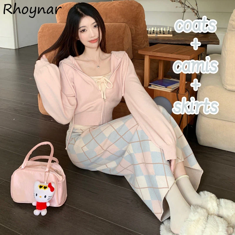 3 Pcs Women Sets Sweet Pink Plaid Midi Skirts Gentle Hooded Leisure Zip-up Coats Cropped Y2k Hot Girl Bow Design Camis Elegant