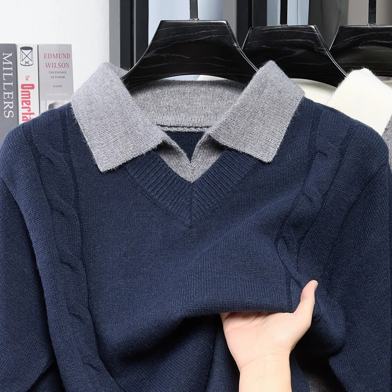 Fake Two Piece Shirt Collar Knitted Sweater Men's Autumn and Winter New Warm Jacquard Sweater Pullover Small Sweater Collar