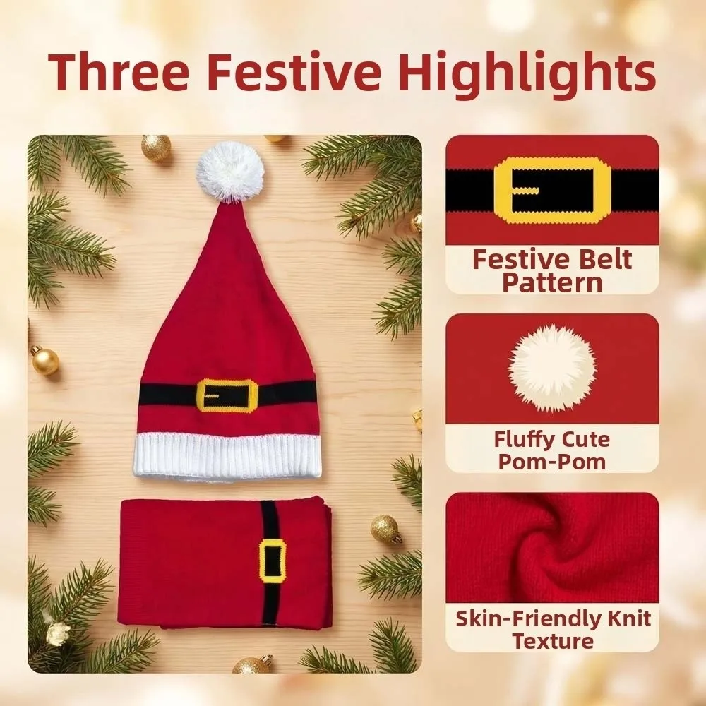 Thermal Yarn Christmas Hat Scarf Plush Pom Striped Pattern Knitted Holiday Scarf Double Layered Snowflake Print