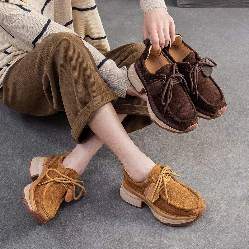 

GKTINOO 2025 Autumn/Winter New Cow Suede Thick Soled Comfortable Thick Heel Shoes Versatile Lace Up Lightweight Women's Shoes