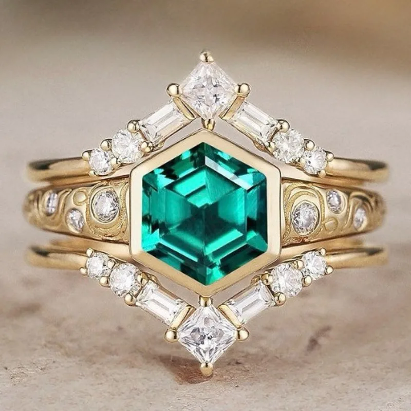 

European and American new fashion hexagonal green zircon inlaid personalized versatile light luxury women's ring