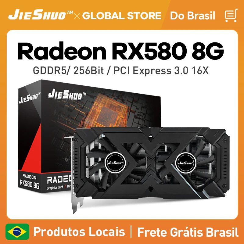 JIESHUO الأصلي Radeon RX580 8GB بطاقة الرسومات 256Bit 2048SP GDDR5 الذاكرة بطاقة ألعاب الفيديو PCIE3.0x16 DVI DP لسطح المكتب
