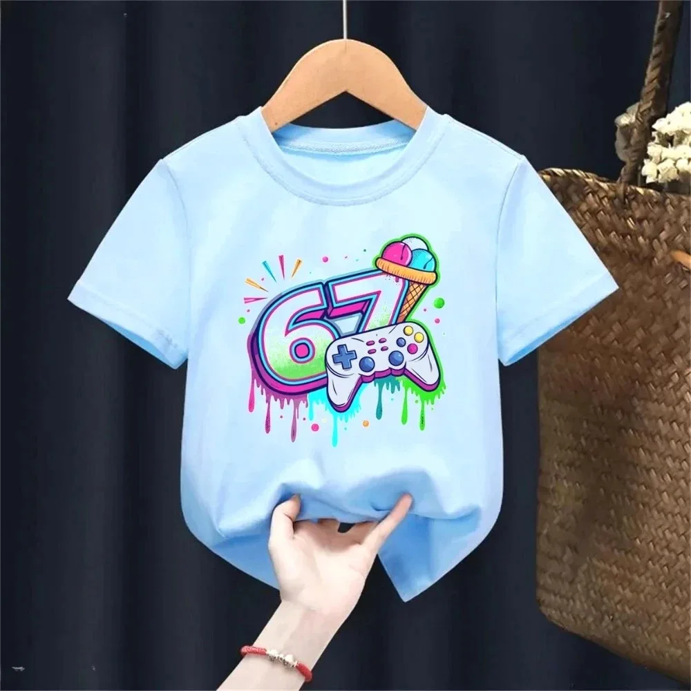 Kids Cartoon Game Controller T-shirt Summer Boys Girls Short Sleeve Tee Colorful Ice Cream Print Casual Children Top