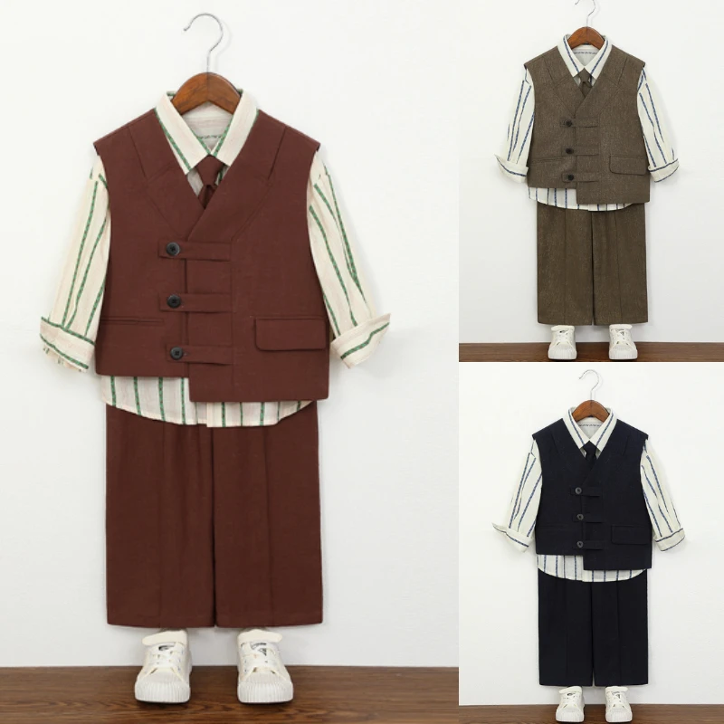 

Boys Formal Suit Kids Vest Shirt Pants Tie Outfit Children Gentleman Wedding Party Dress Clothes Toddler Business Casual Wear