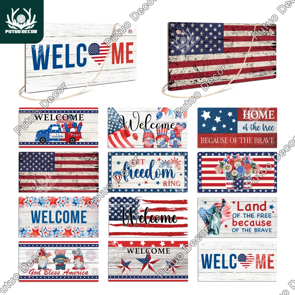 Putuo Decor 1pc Welcome Wooden Sign,Hanging Wall Art Decor for Home Office Cafe Man Cave, Independence Day 4th of July Gift