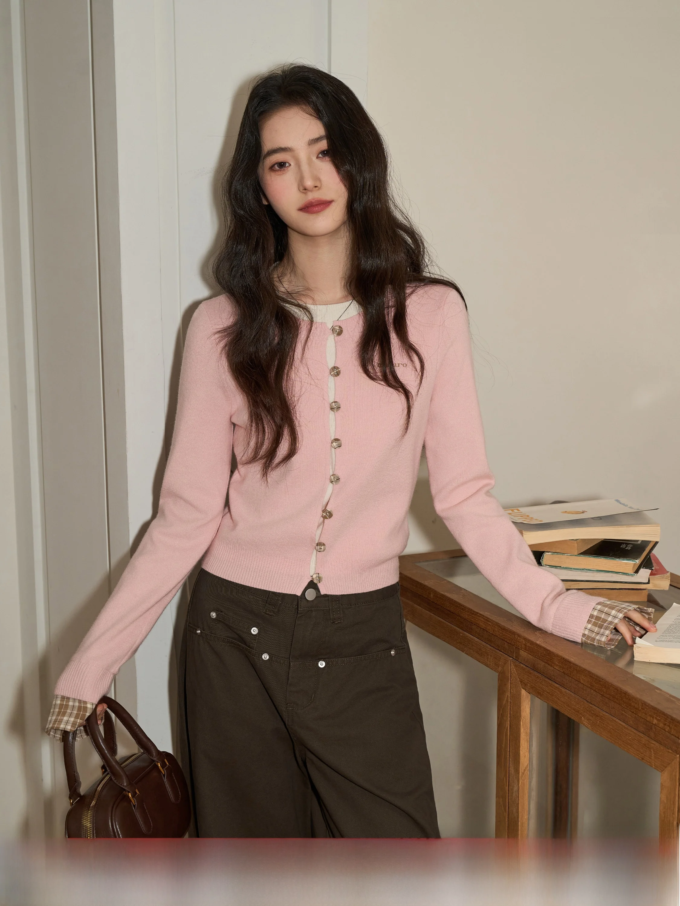 

Spring Women's ort Knitted Sweater Cardigan Long Sve round Ne Slim Fit Top Pink Color Blo Single Piece Warmth Heating