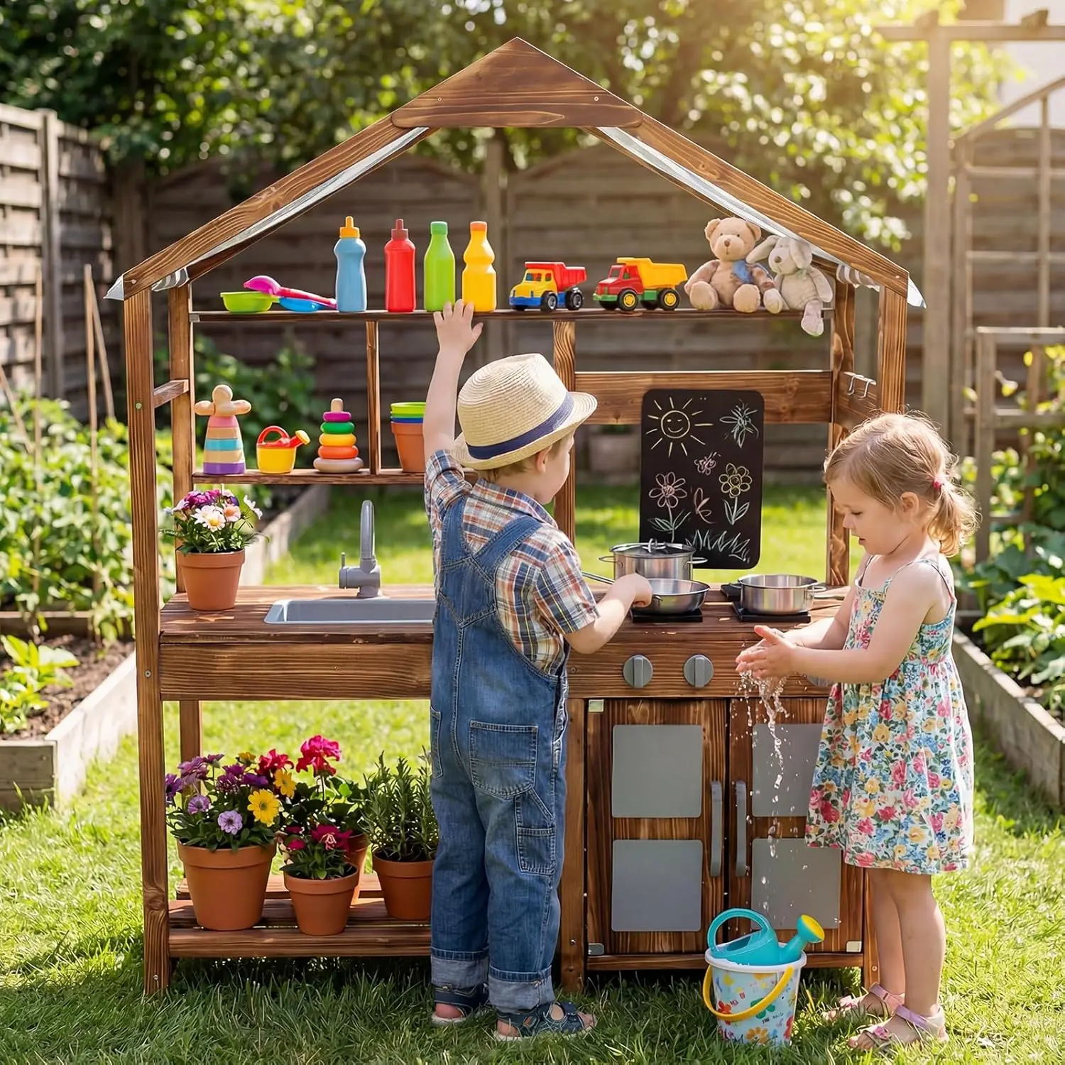 #Wooden Mud Kitchen w/ Canopy Chalkboard Sink Accessories, Outdoor Pretend Play for Backyard Garden 3+ Years, Customized