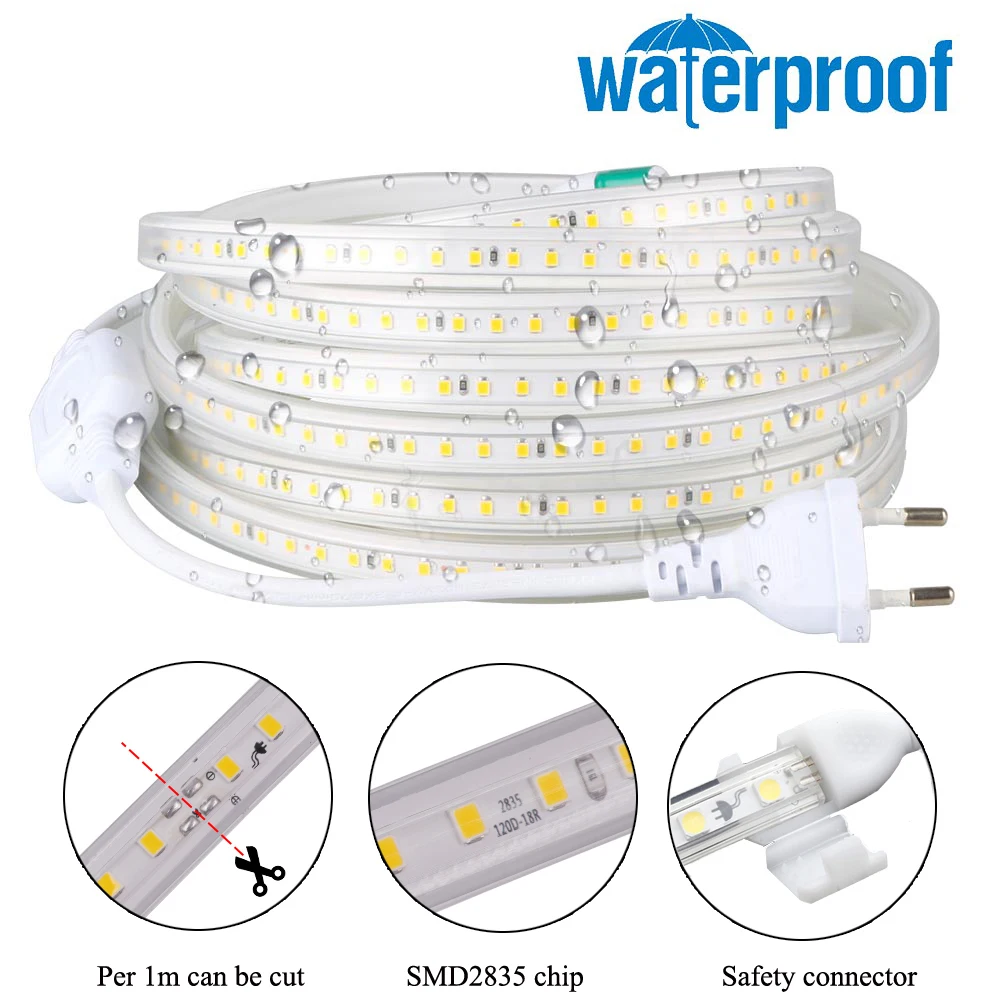 Imagem -02 - Impermeável Led Strip Lights com Plug ue Lâmpada Flexível Cozinha ao ar Livre Jardim Interior Plug ue 120leds por m 3000k 4000k 6000k 220v ac