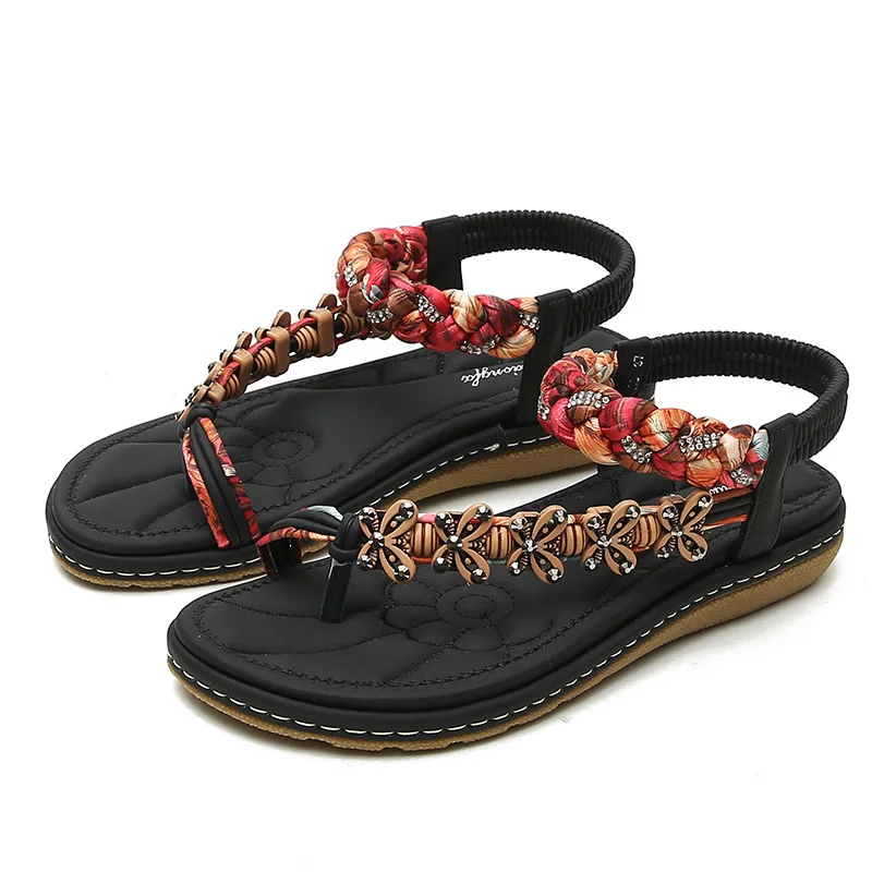 2024 New Boho Plus Size Flat Rhinestone Sequin Braided Sandals Open Toe Beach Sandals Women Shoes