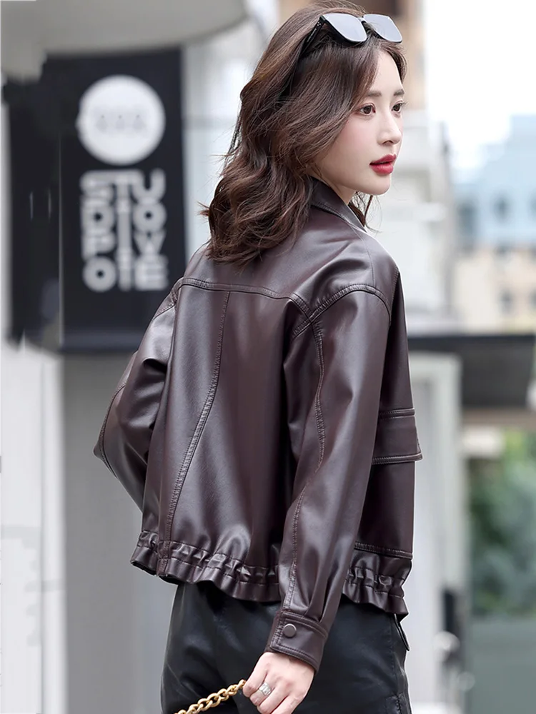 Nouveau Femmes AmpleRefente de cuir Veste Printemps Automne Mode Simple boutonnage Cordon de serrage à l'ourlet Décontracté Manteau en Refente de cuir Vêtements d'extérieur pour femmes