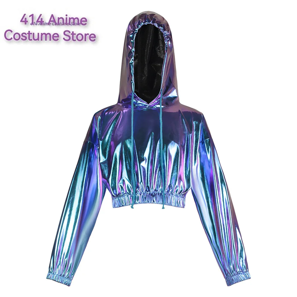 Sexy Cropped Holographic Hoodies Women Shiny PU Metallic Hoody Sweatshirt Pants Drawstring Pullovers Streetwear Cosplay Costume