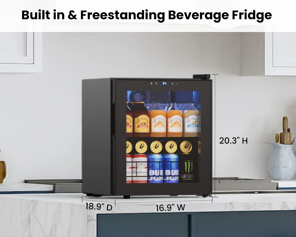 46L Single Zone Beverage Cooler 60 Cans Capacity Electronic Temperature Control Glass Door Drink Fridge With Blue Interior Light