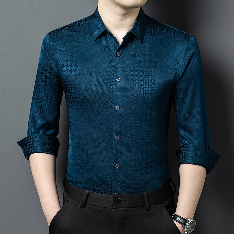 Satin Jacquard Coolness Shirts For Men Long Sleeve Silk Blends Summer Quality Skin-Friendly Smart Casual Lapel Camisas De Hombre