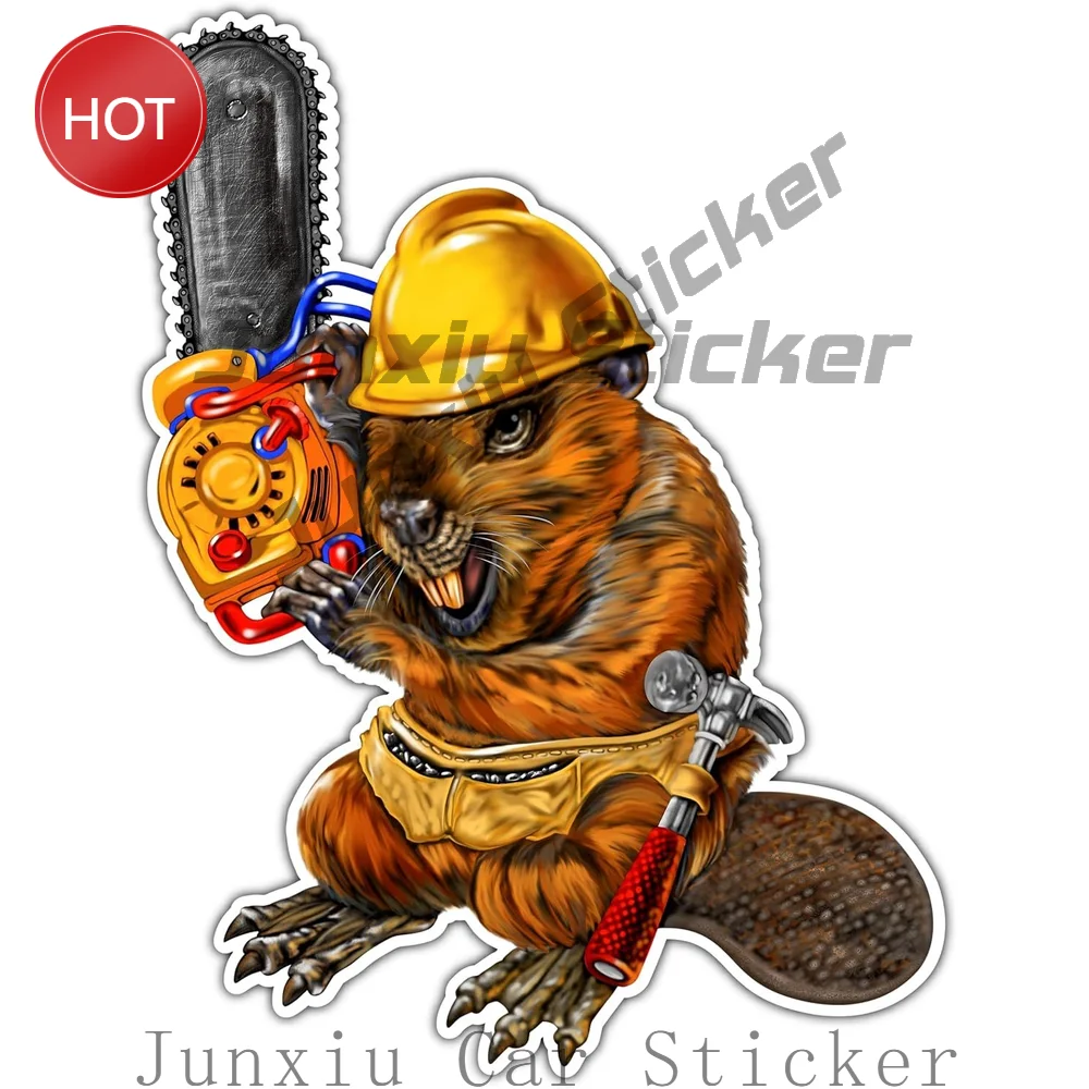 Funny Beaver With Chainsaw Lumberjack PVC Vinyl Sticker For Vehicle Window And Luggage Humorous Graphic Decoration Decal