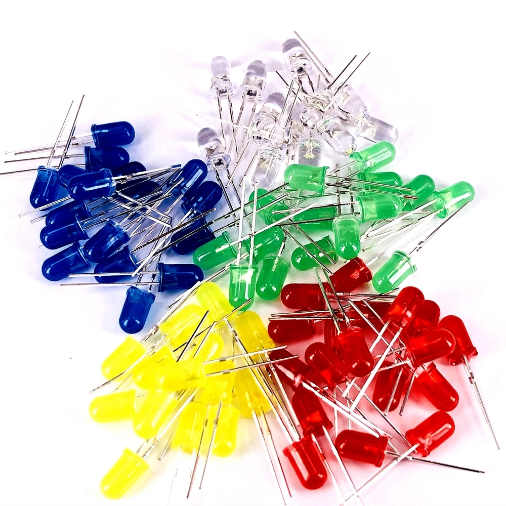 (100 pcs) 5mm LED Diode 5 mm Assorted Kit Clear Warm White Green Red Blue Yellow DIP DIY Light Emitting Diode Set